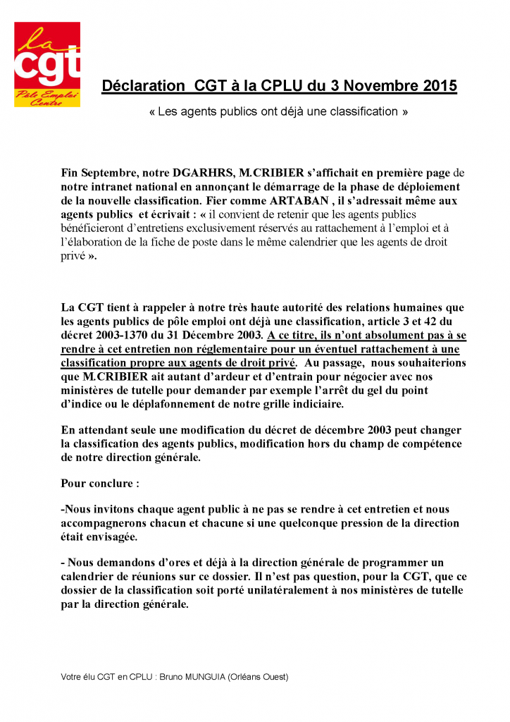 Déclaration CGT à la CPLU du 3 novembre 2015
